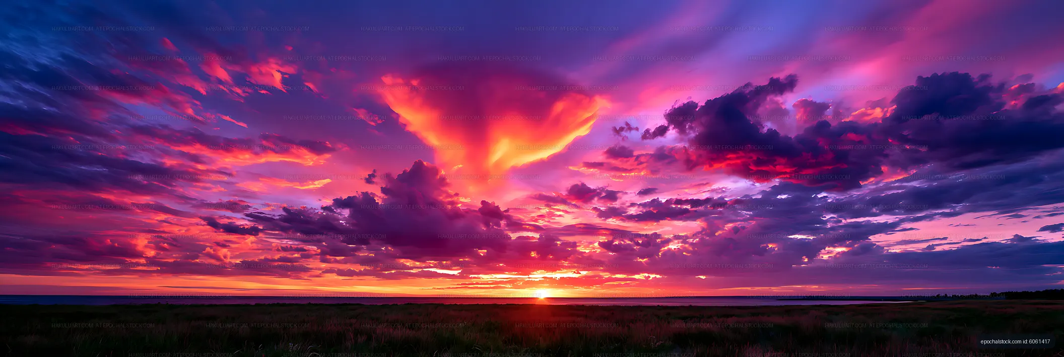Dramatic colorful sunset over a flat coastal landscape