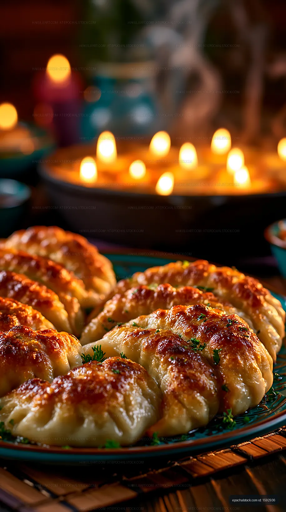 Warm candlelit still life with golden baked pastries