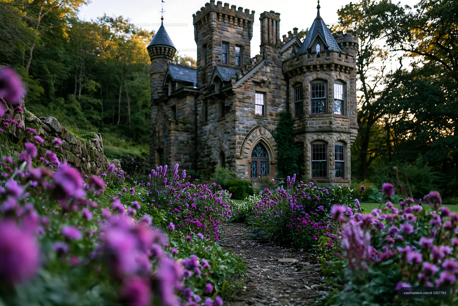 Stone Gothic castle viewed through a purple flower garden