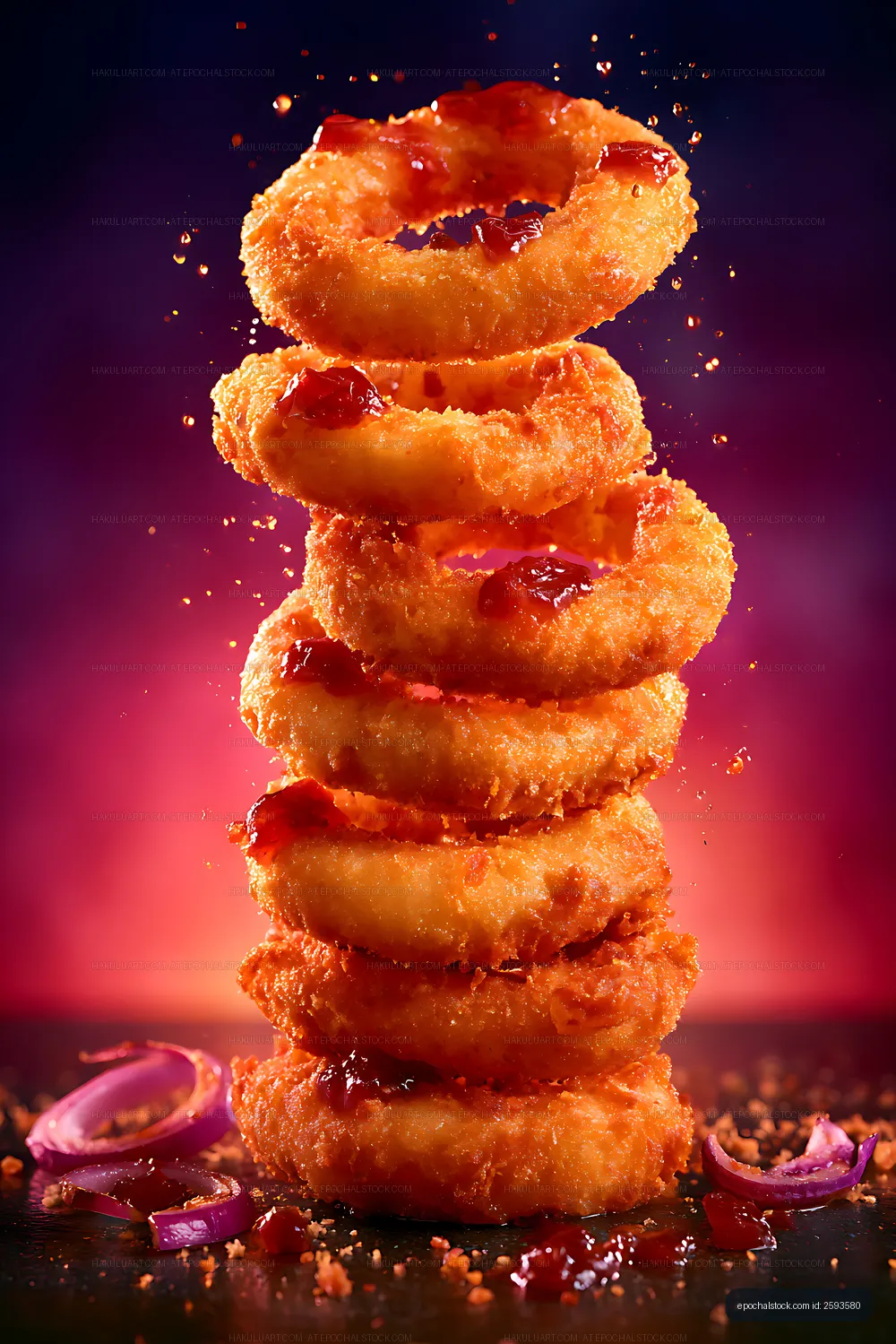 Golden fried onion rings stacked with glossy red sauce