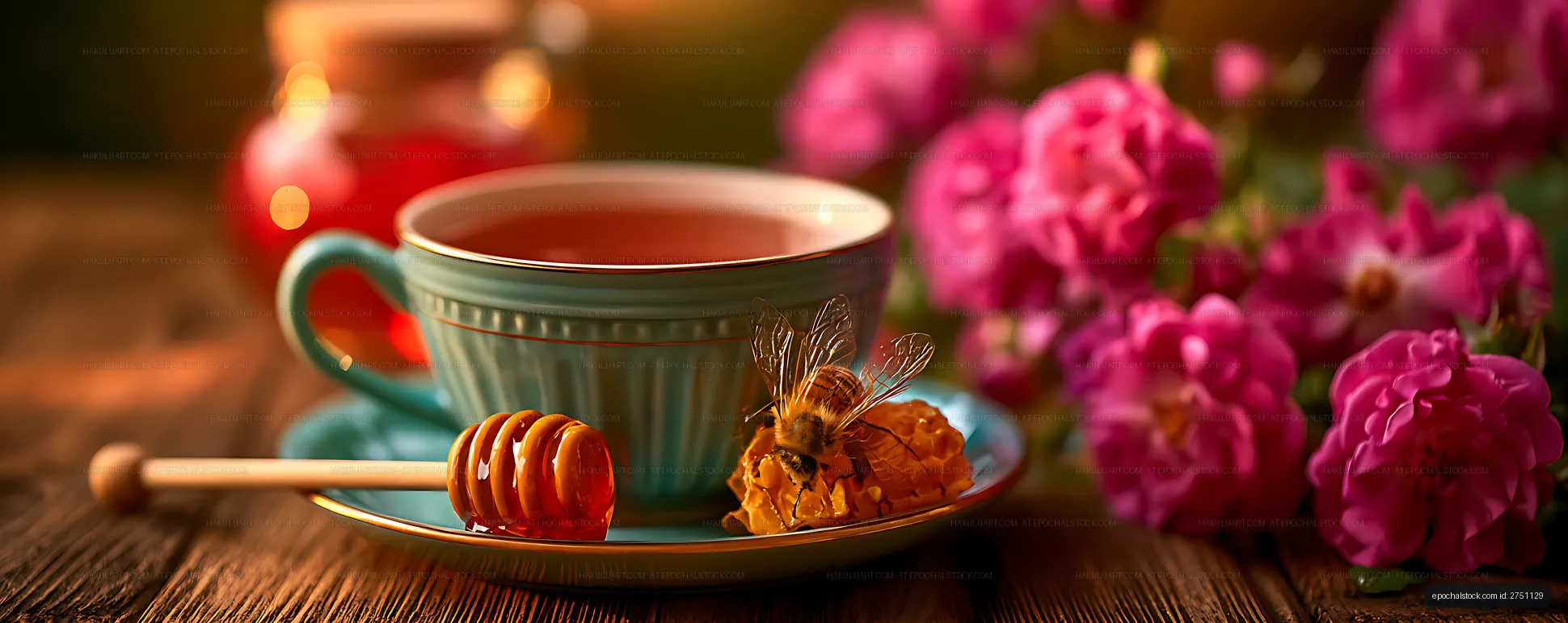 Tea, honey, bee, and pink flowers on a wooden table