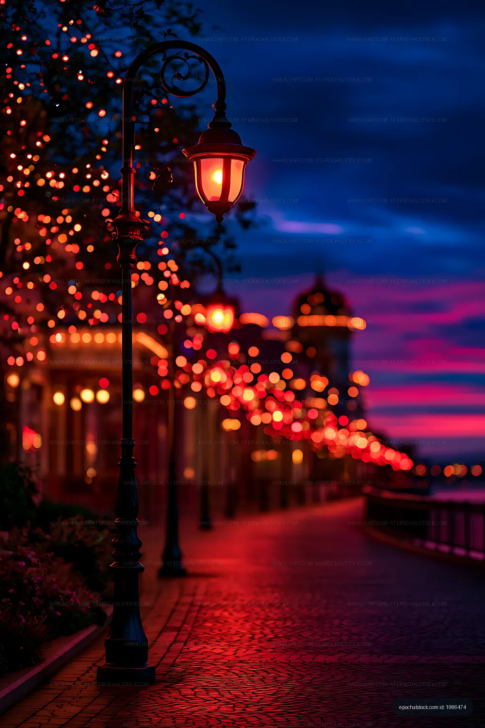 Decorative street lighting and bokeh on a dusk promenade