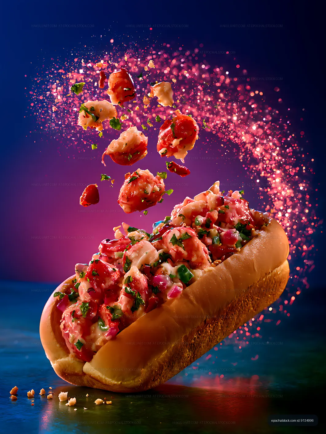Colorful gourmet hot dog with suspended toppings