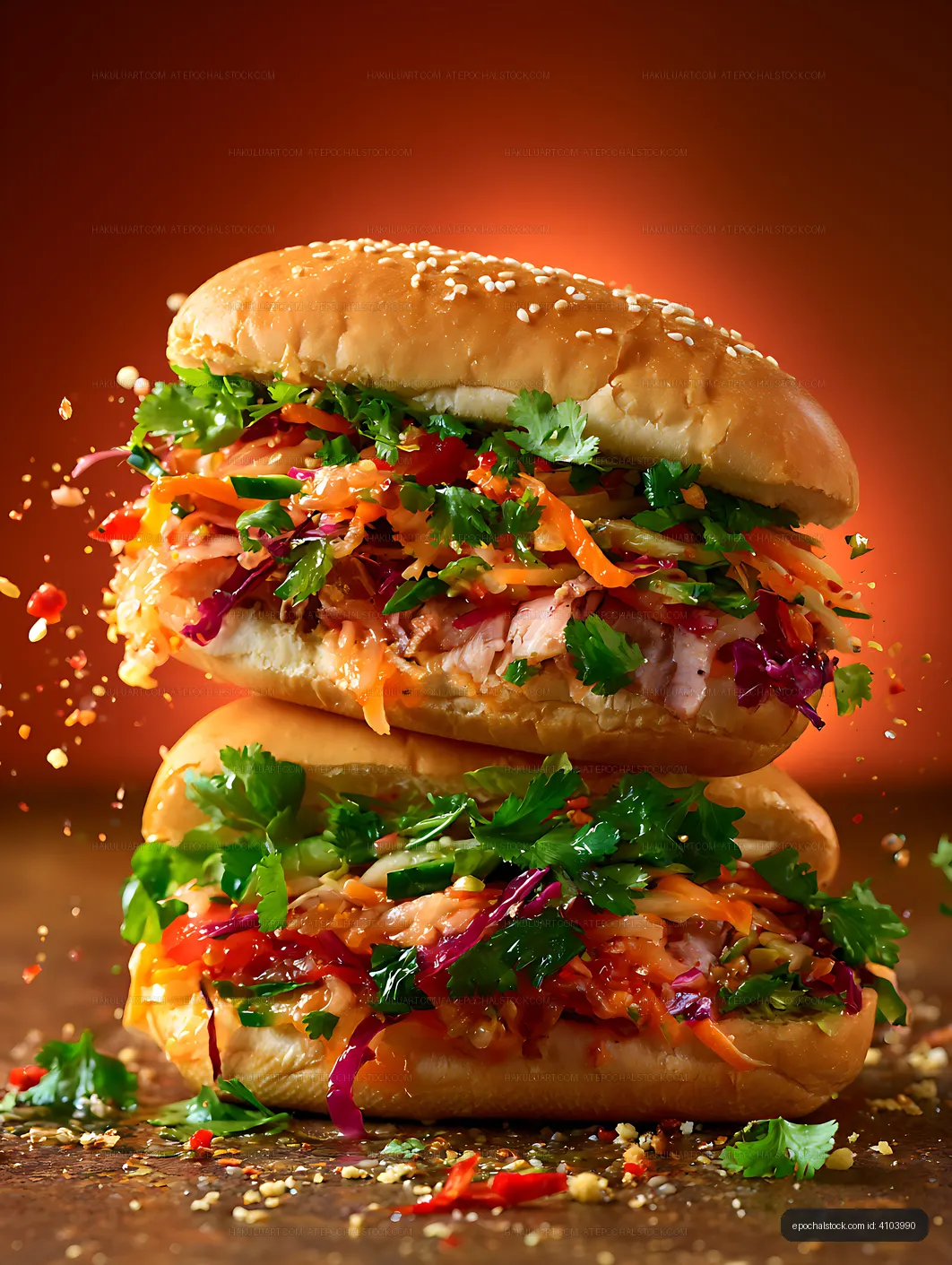 Colorful double sandwich with vegetables and sesame bread