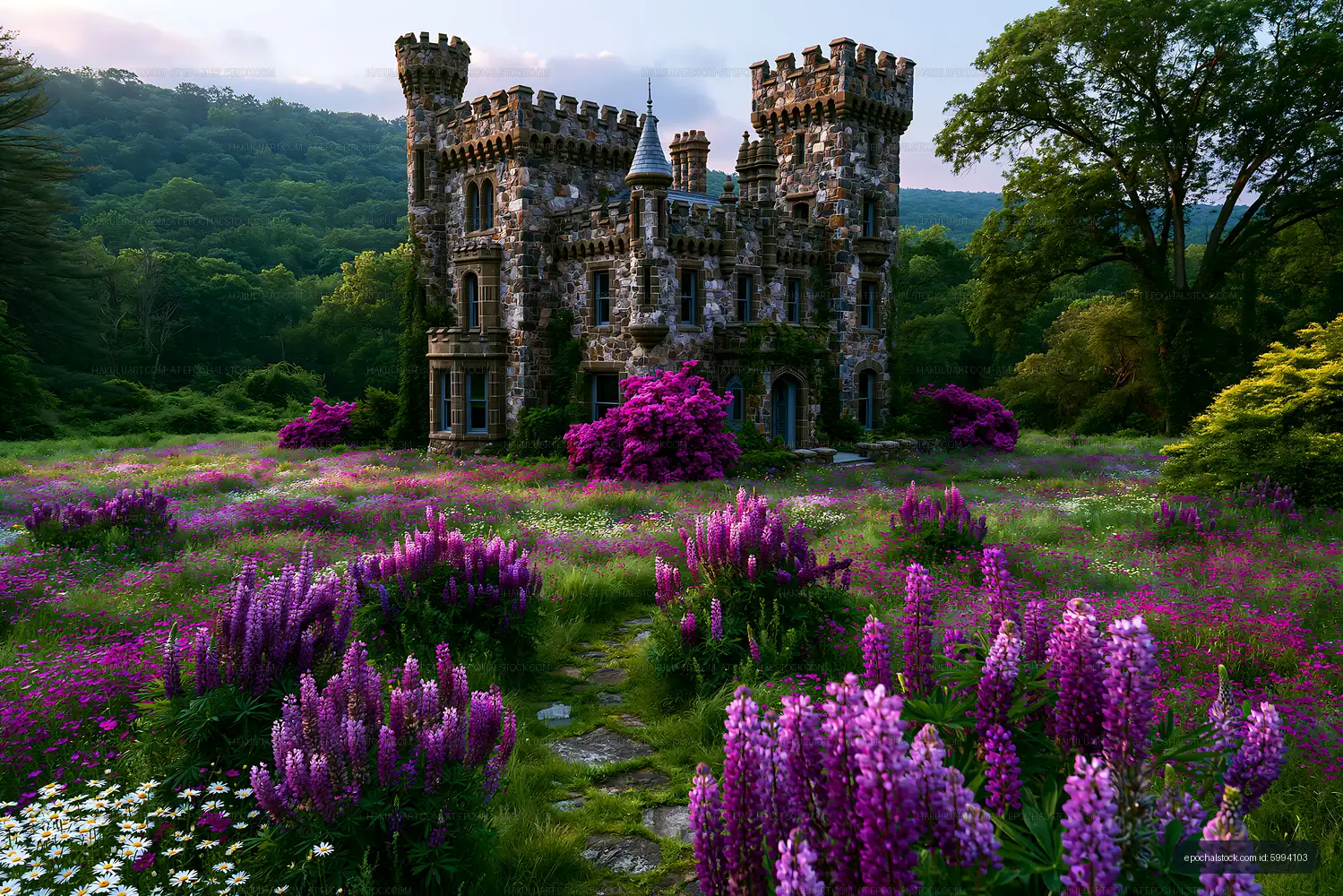 Crenellated stone castle among purple flowers and forest