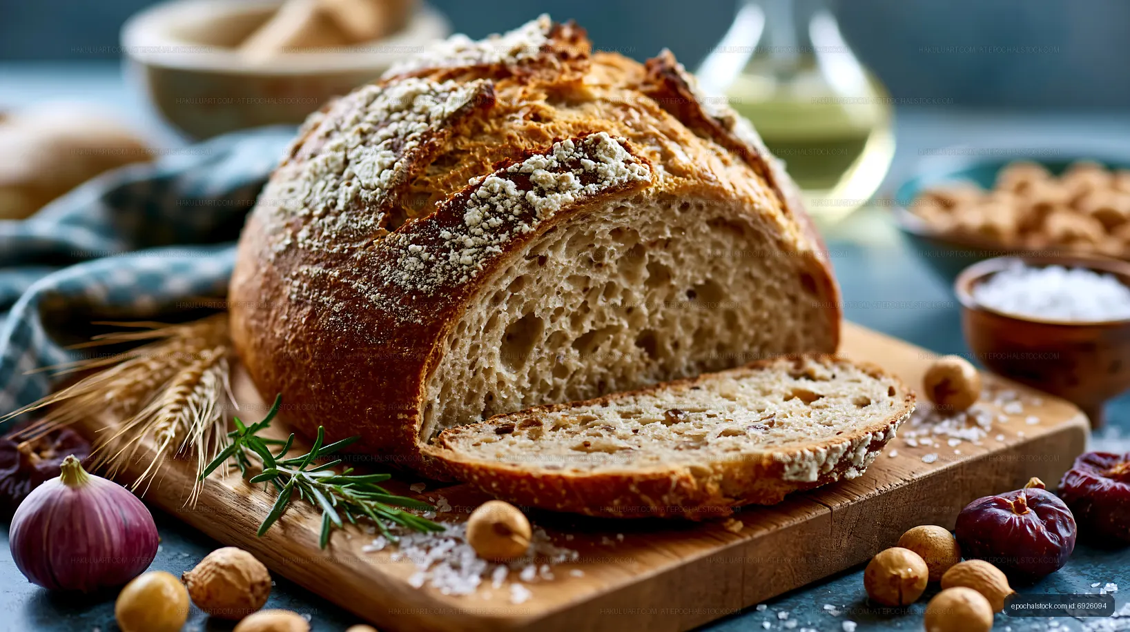 Close-up of rustic crusty bread with slice and herbs