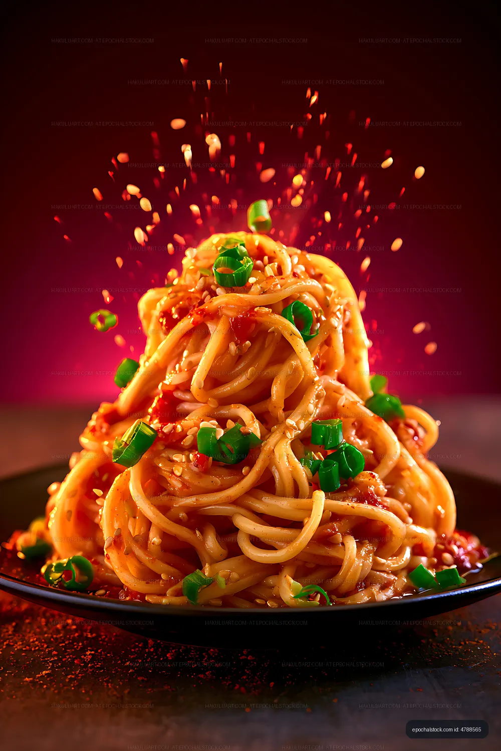 Dramatic spicy noodle dish with green onion garnish