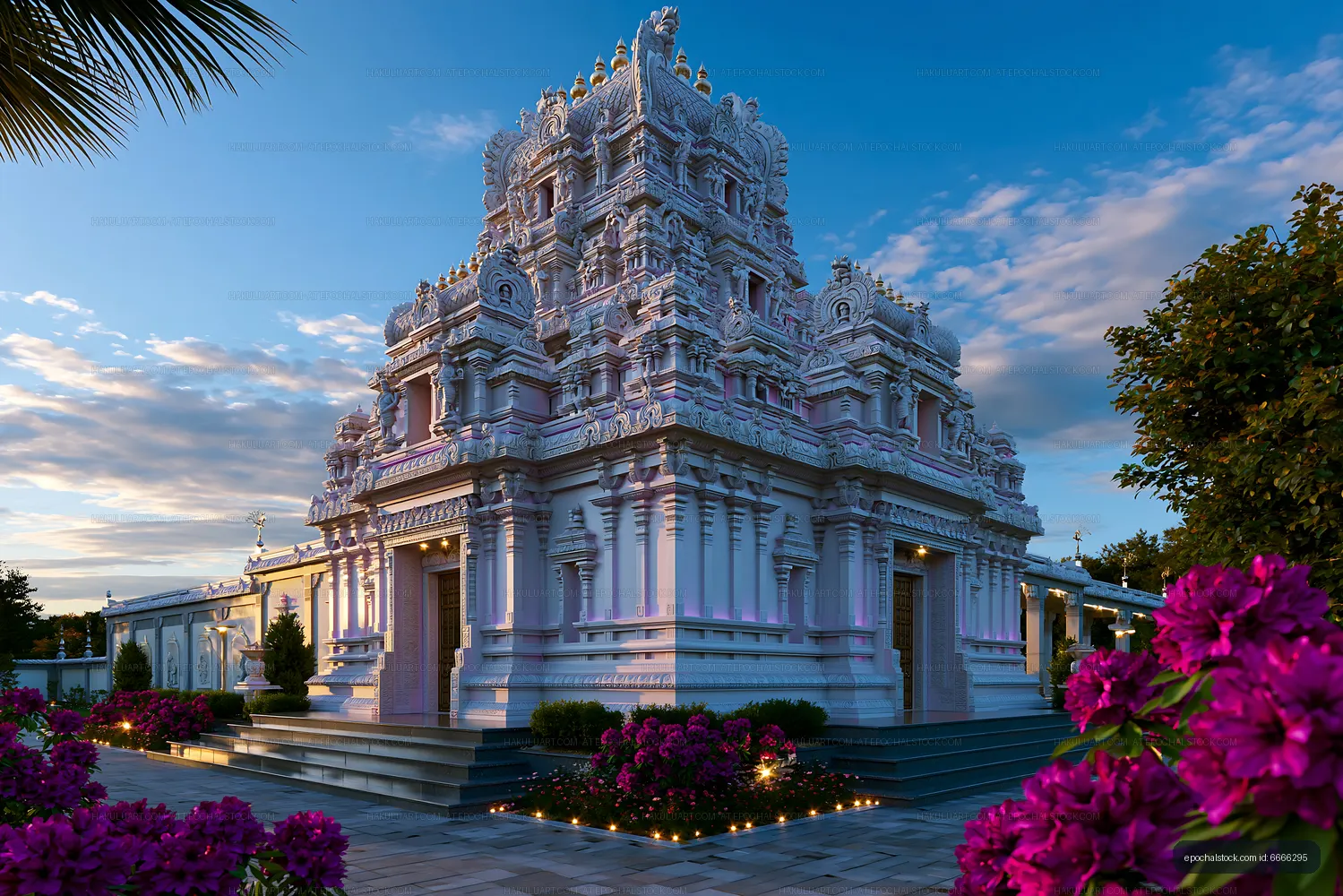 Detailed Hindu temple framed by flowers at twilight