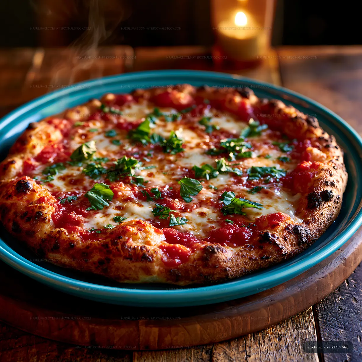 Warm close-up of freshly baked basil and cheese pizza