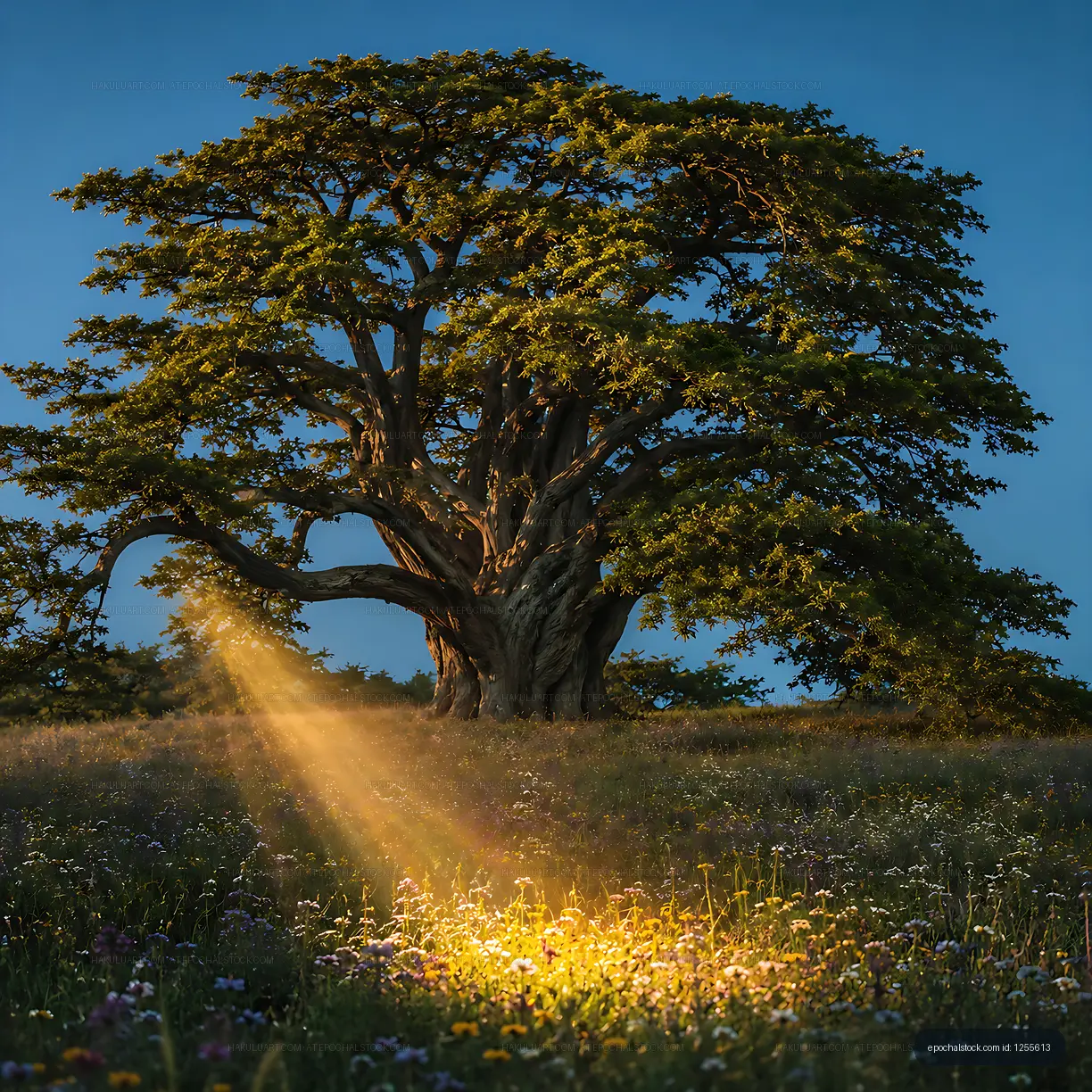 Golden light shining through tree in a grassy field