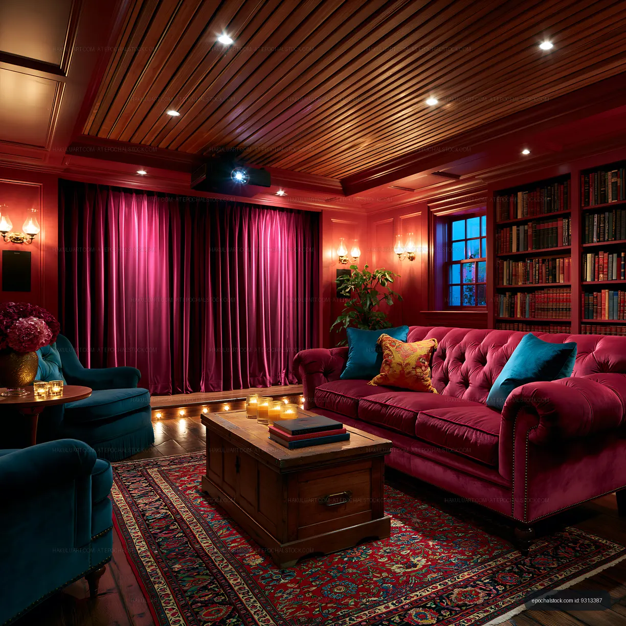 Colorful luxury lounge with velvet seating and bookshelves