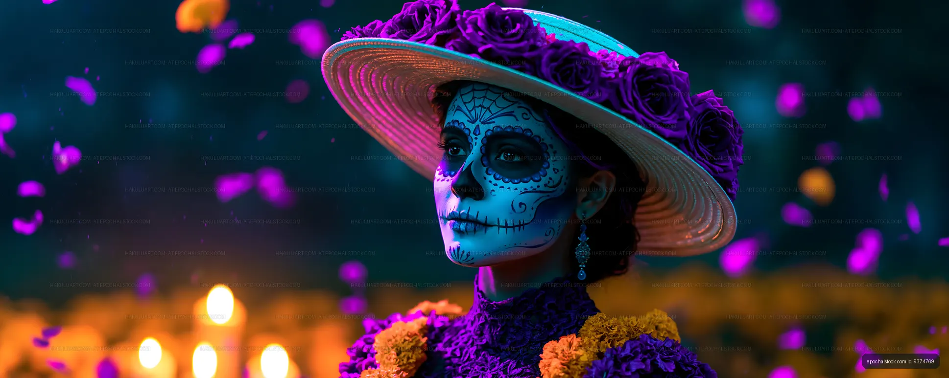 Dramatic sugar skull portrait with floral hat and candlelight
