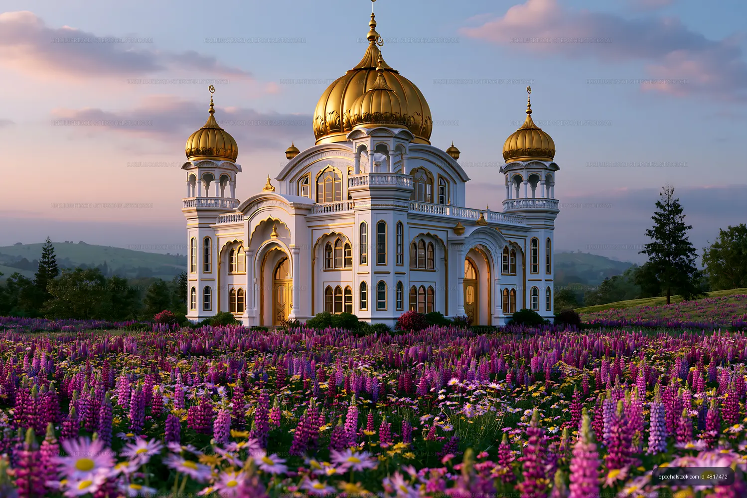 Golden-domed architecture above a vibrant wildflower meadow
