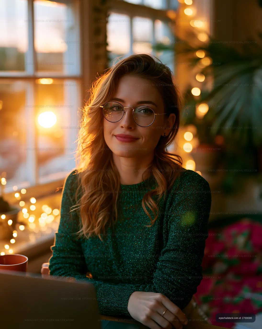 Warm indoor portrait of a smiling woman wearing glasses