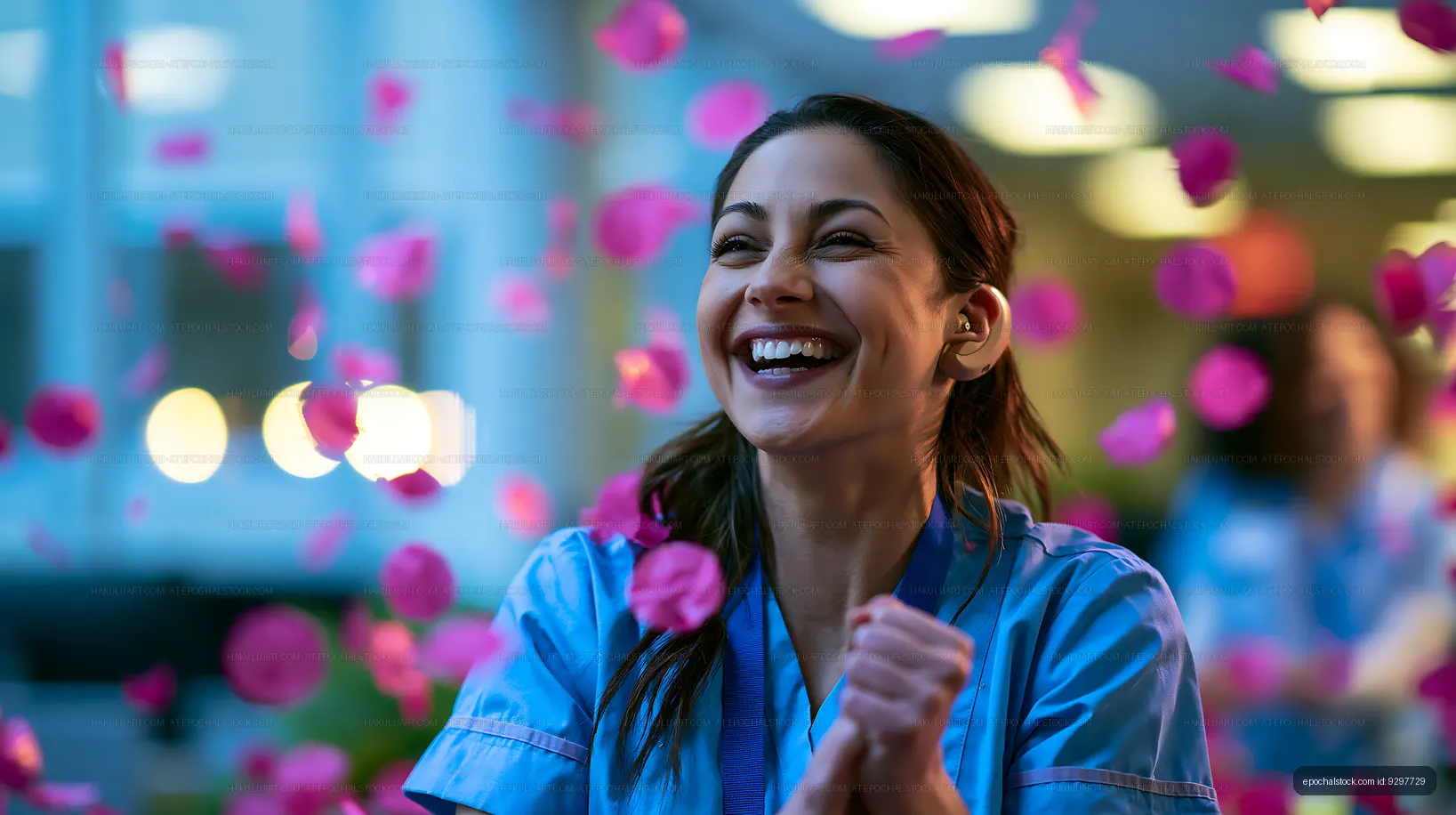 Joyful celebration with woman surrounded by pink petals