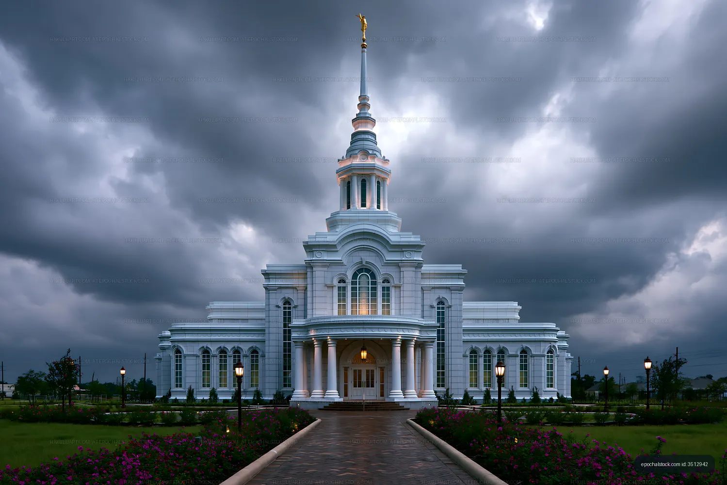 Illuminated white temple beneath a dramatic cloudy sky