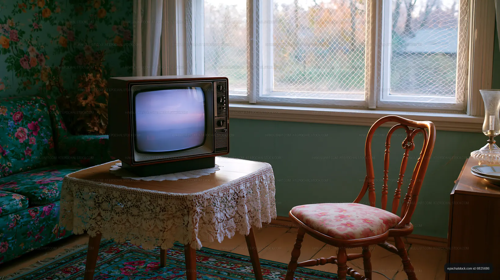 Old television on lace table in a sunlit floral interior