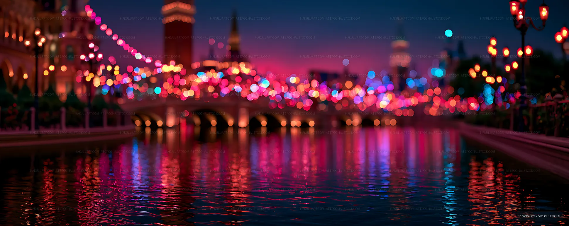 Dreamy colorful bridge lights reflected in calm water
