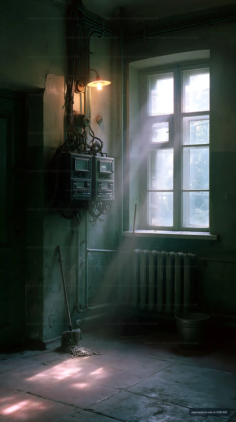 Moody old utility room with electrical equipment and window light