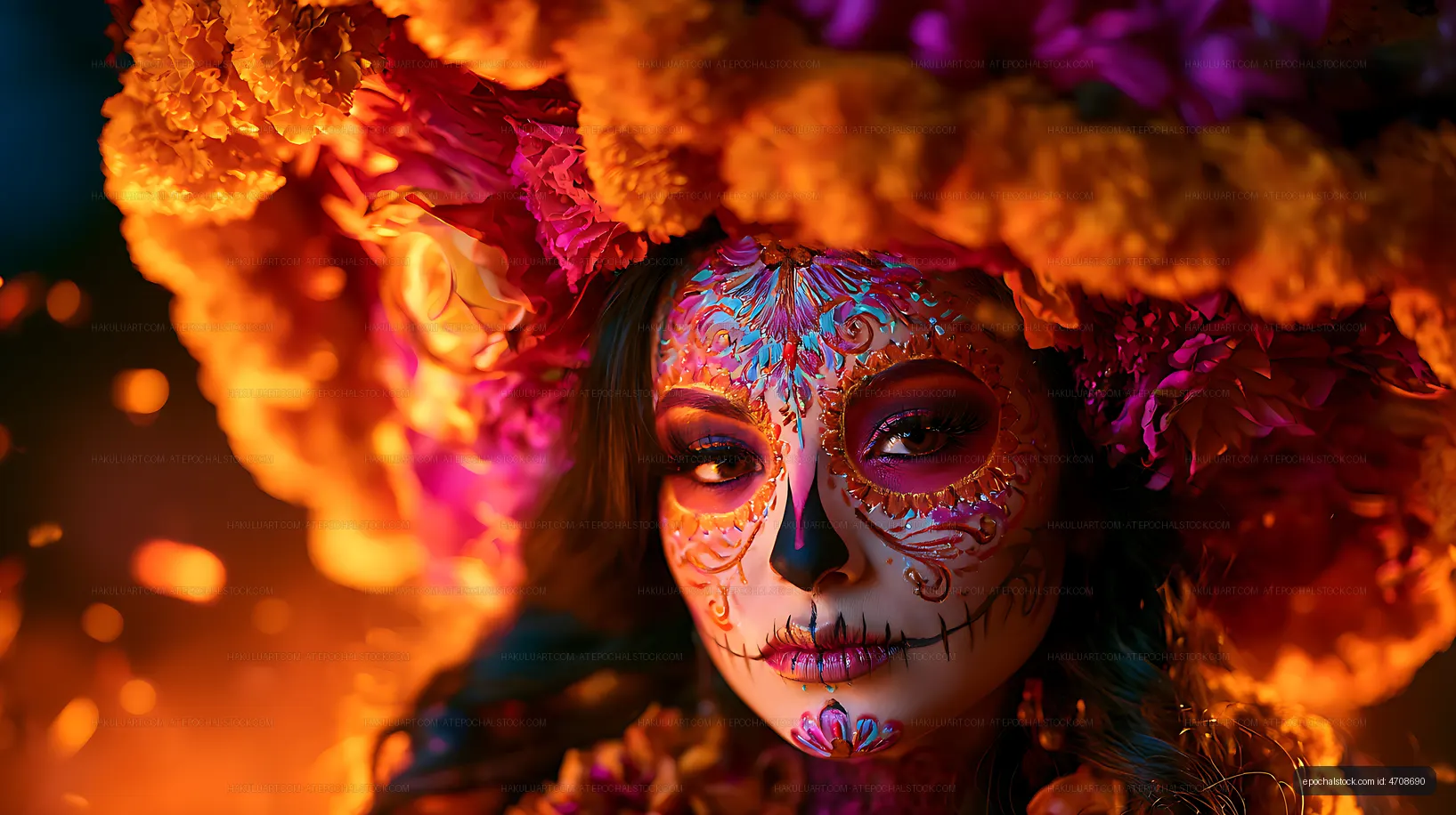 Close-up portrait of woman in vivid sugar skull face paint