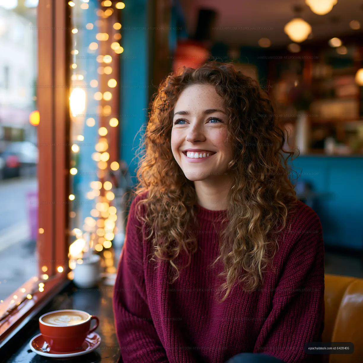 Joyful cafe portrait with coffee and bokeh lights