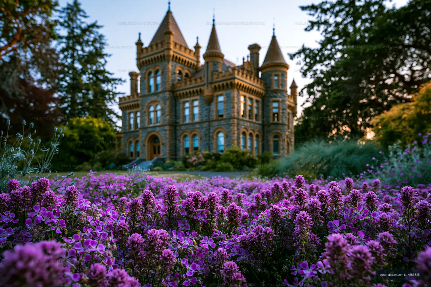 Grand historic mansion framed by purple garden flowers