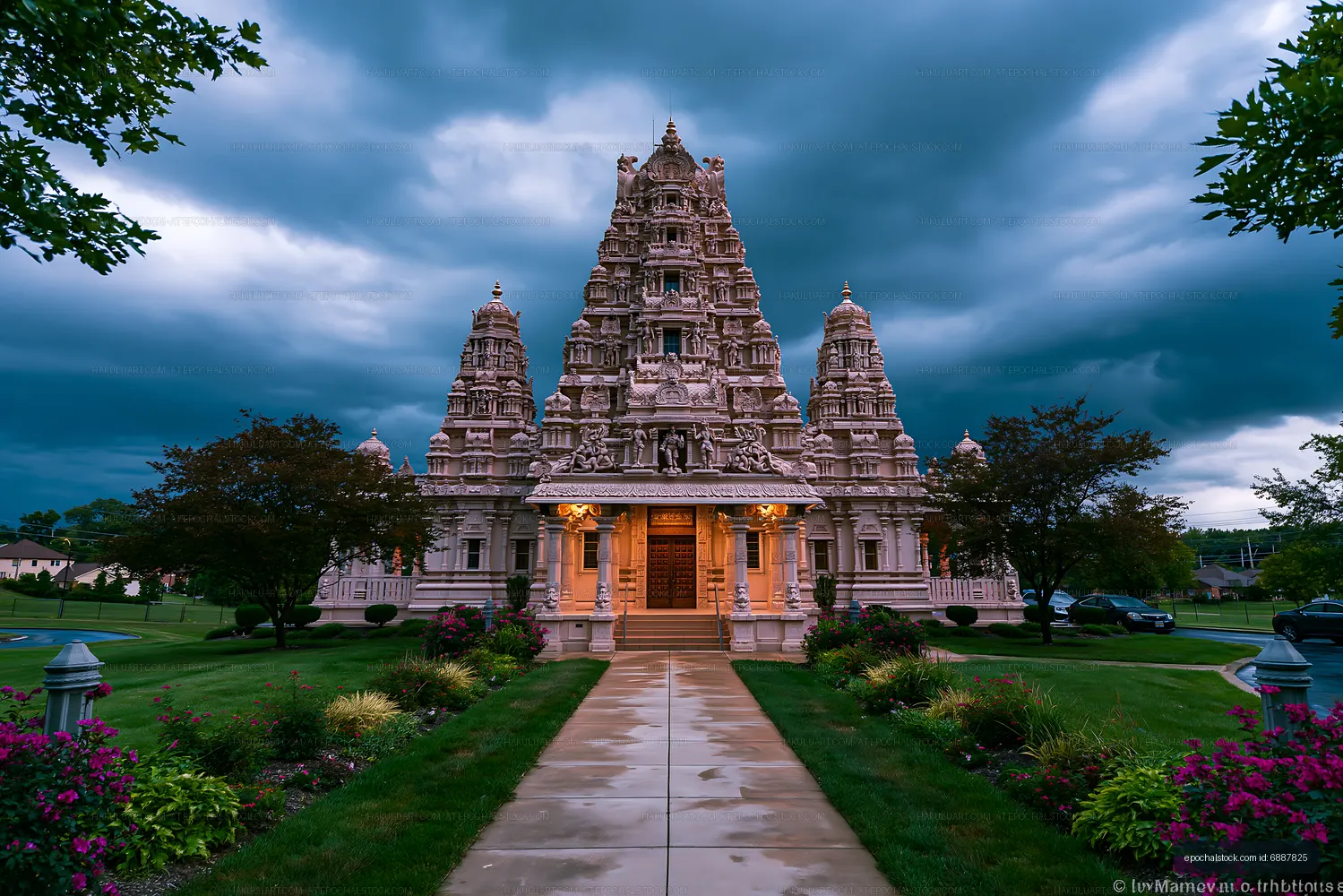 Decorated Hindu temple framed by gardens and storm clouds