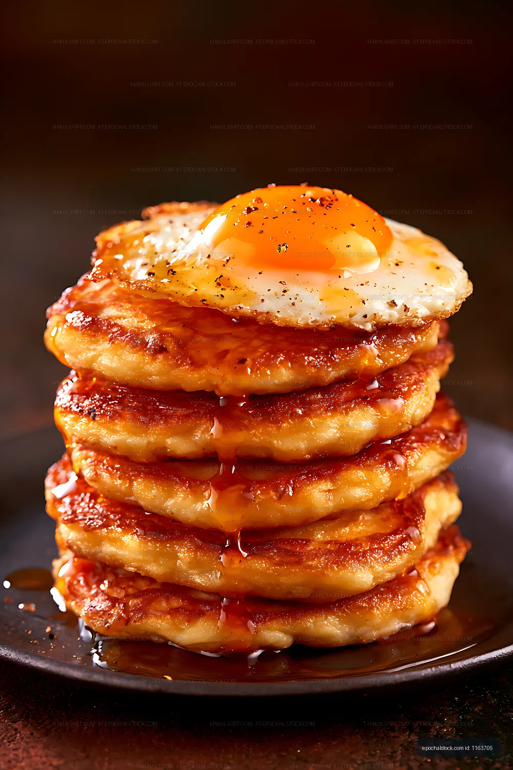 Glazed pancake tower topped with a fried egg