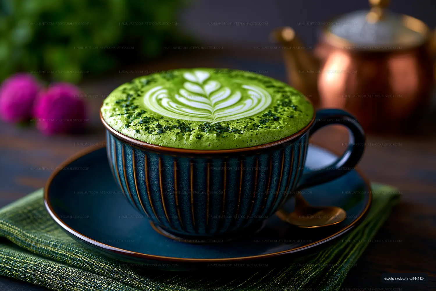 Frothy green matcha drink with heart latte art