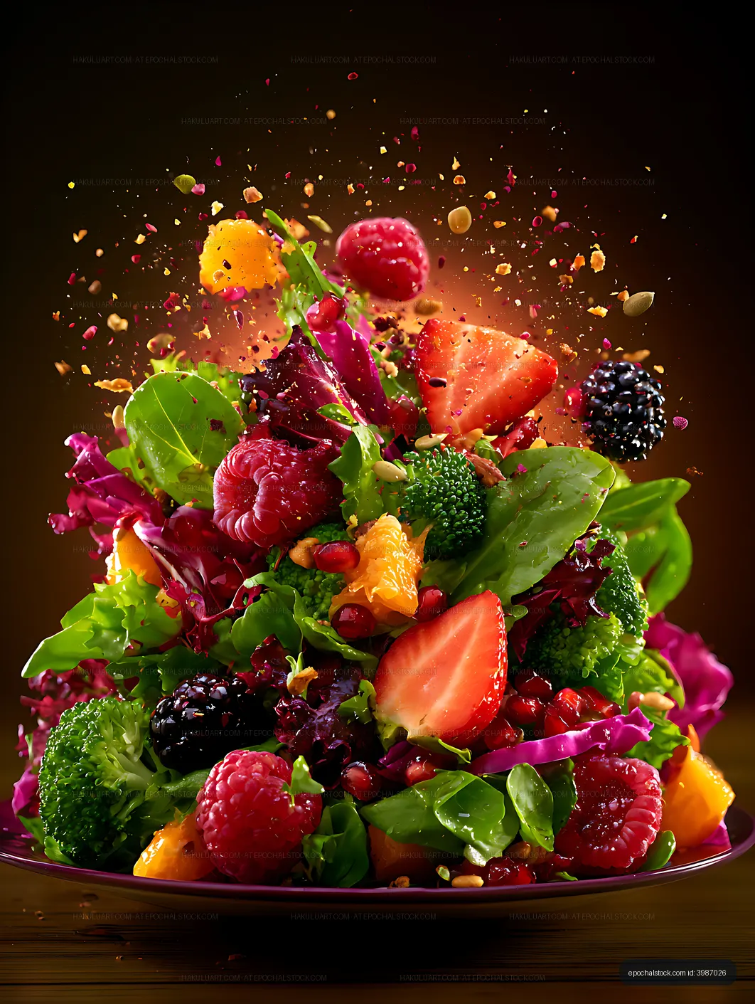 Fresh colorful salad with flying fruit and vegetable pieces