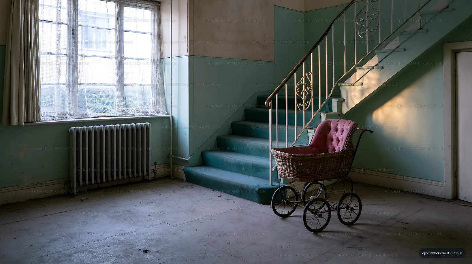 Wicker baby carriage beside stairs in an aged interior