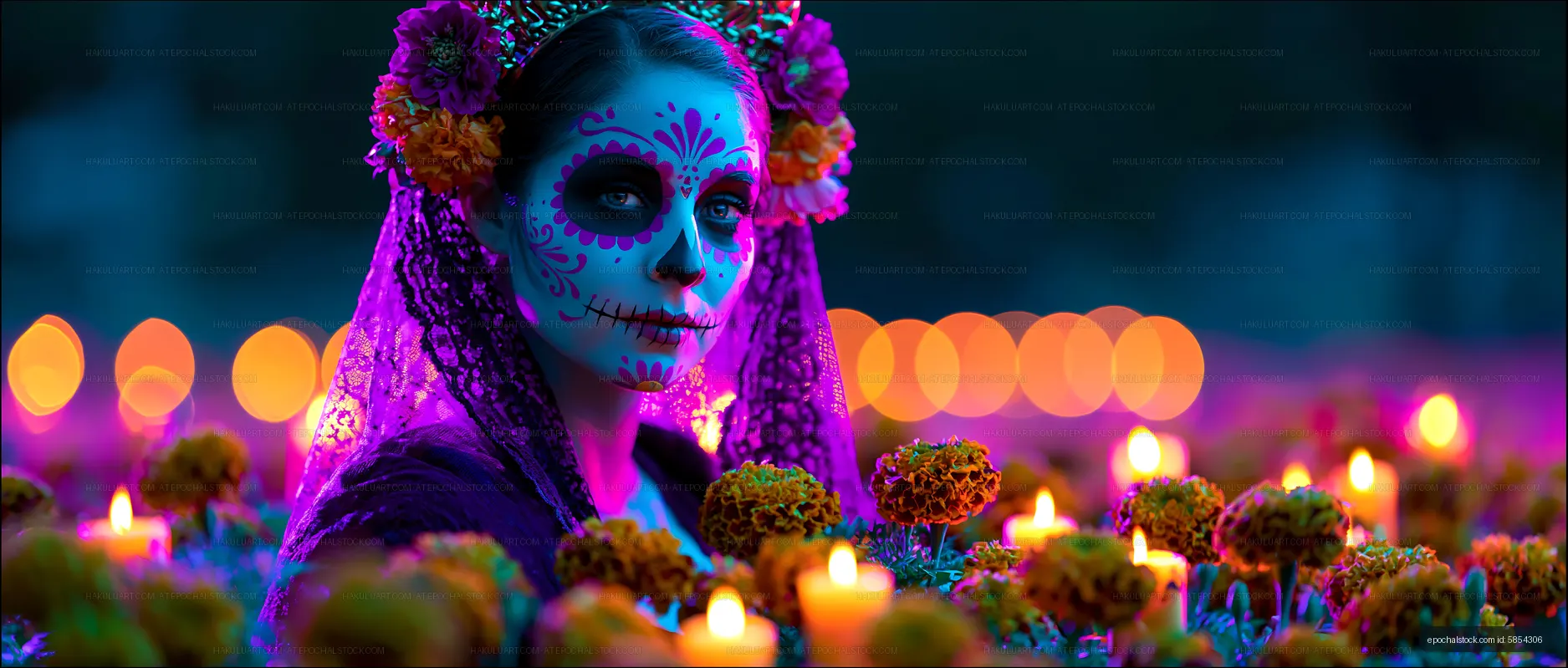 Portrait of a woman with skull makeup among flowers and candles
