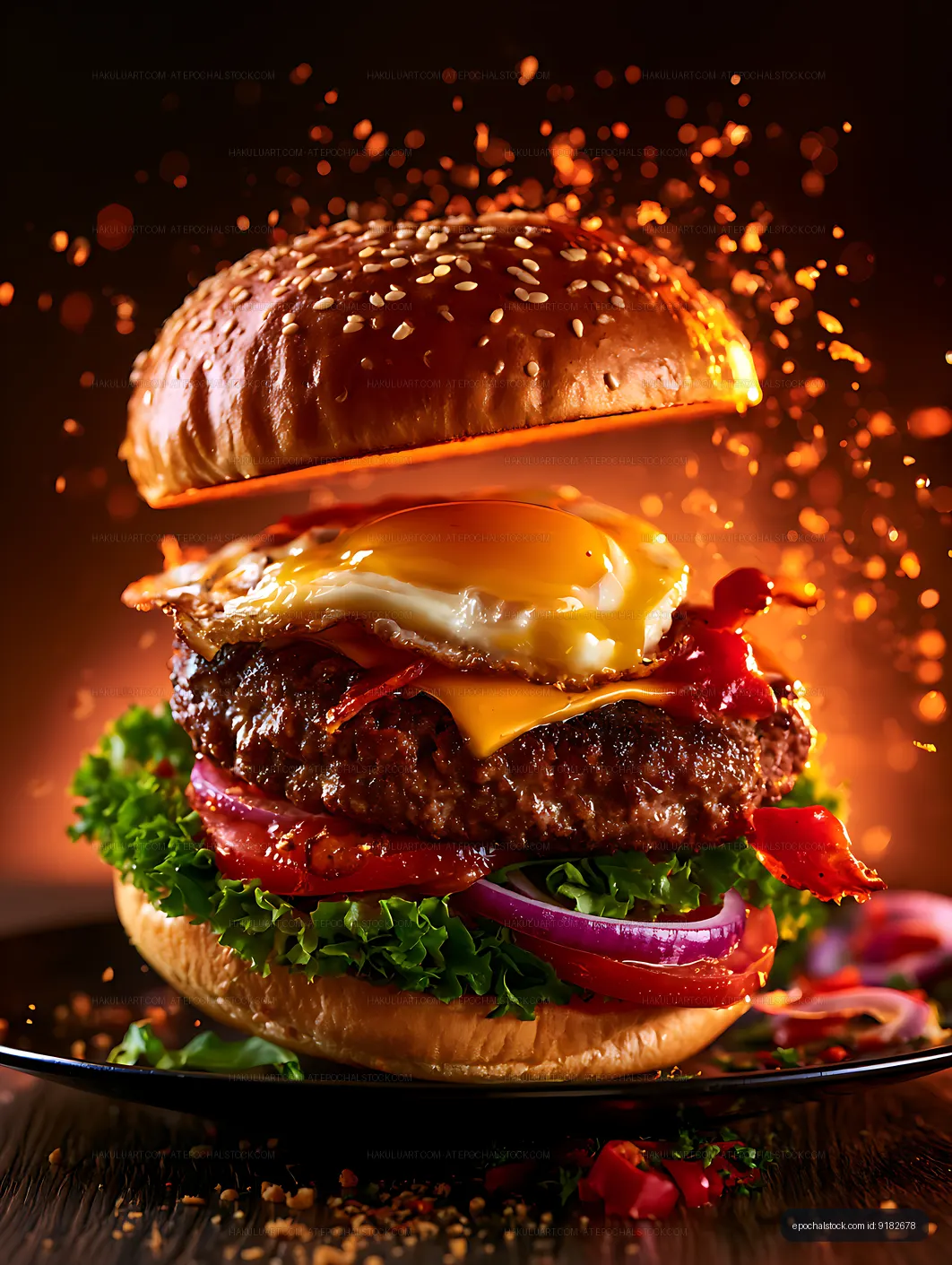 Dramatic close-up of a loaded cheeseburger
