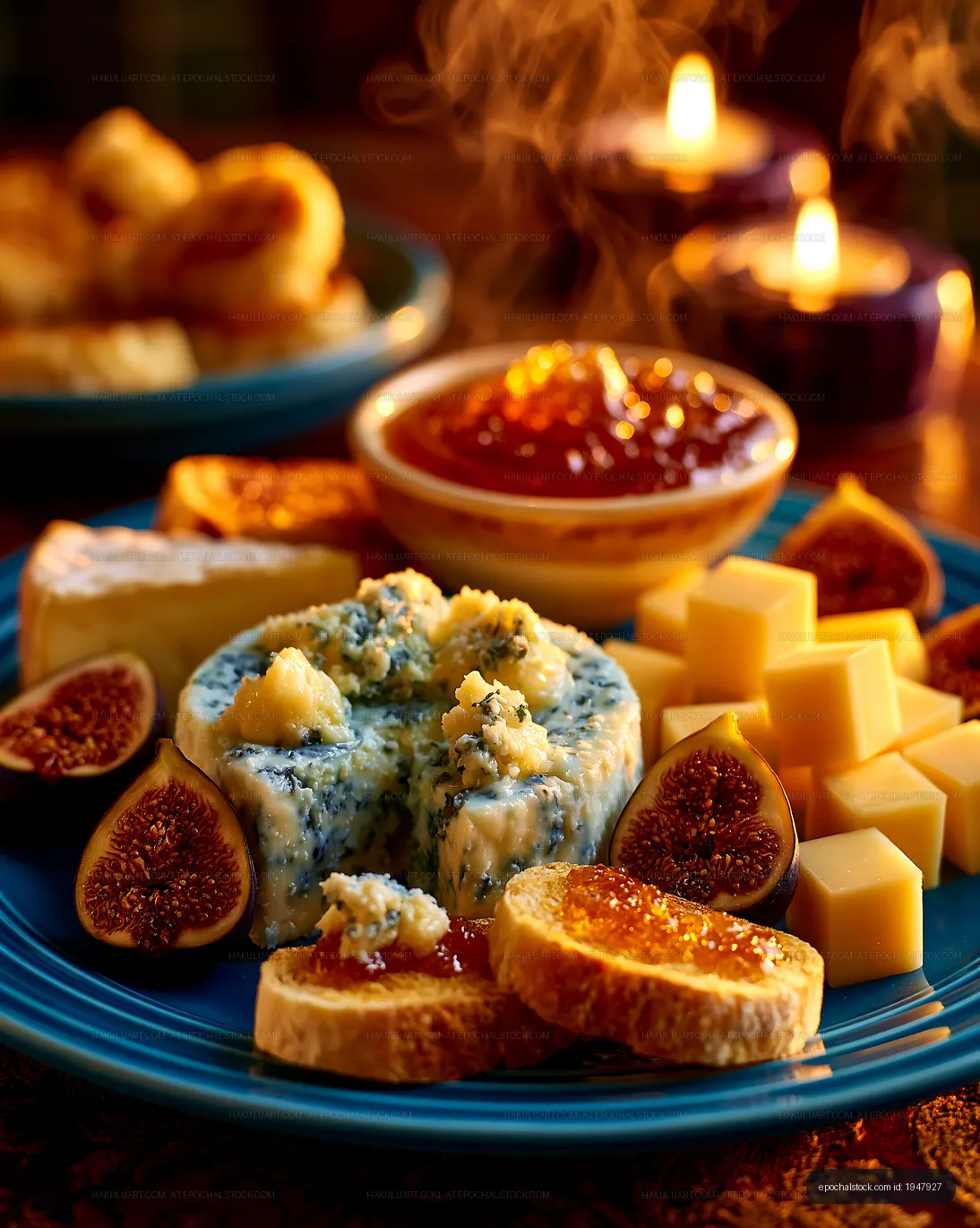 Artisan cheese platter and figs with candlelight