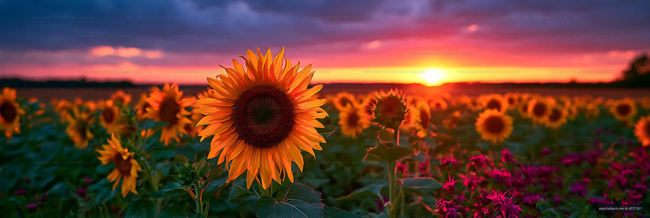 Close-up sunflower with sunset landscape background