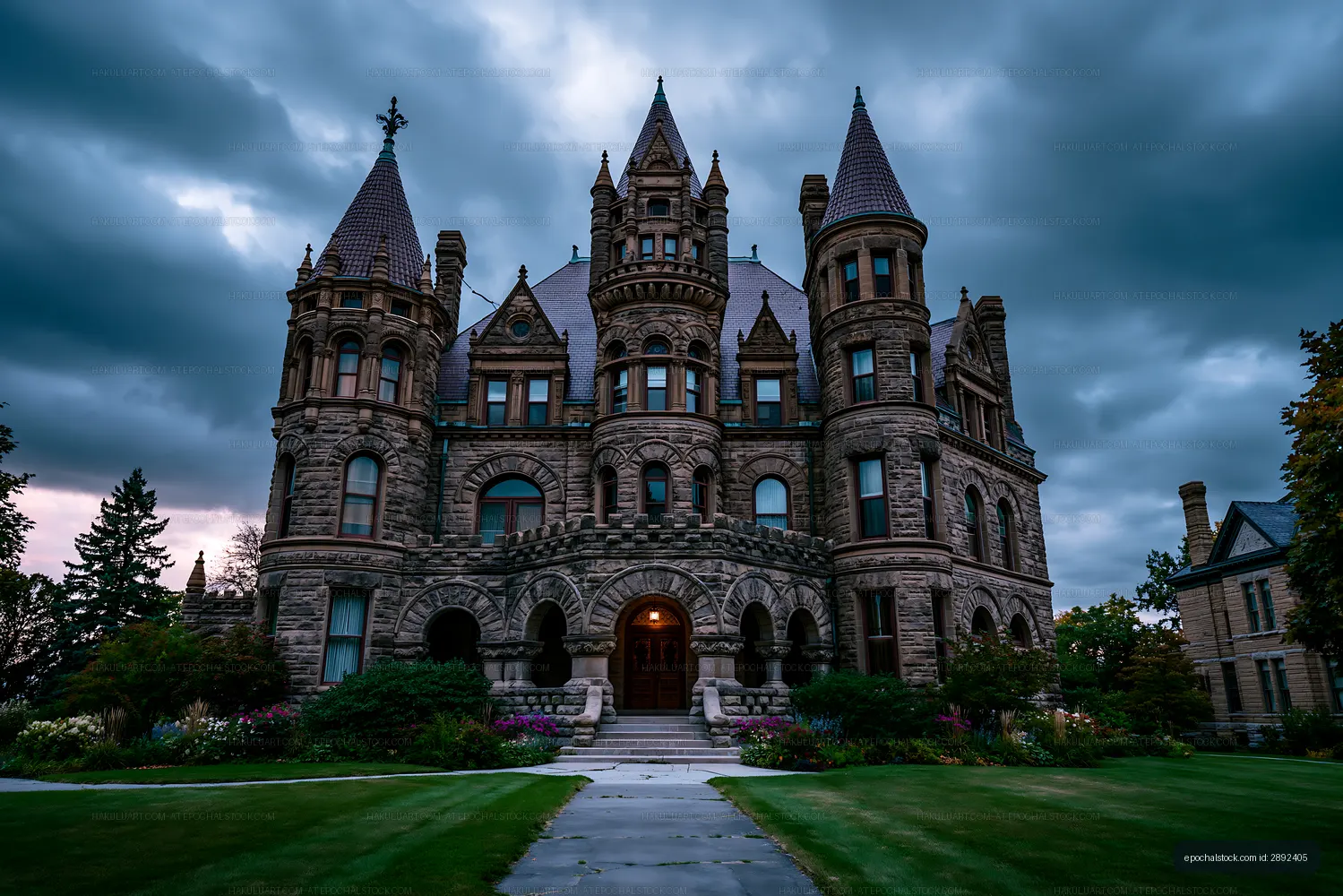 Grand stone mansion and landscaped garden beneath dark clouds