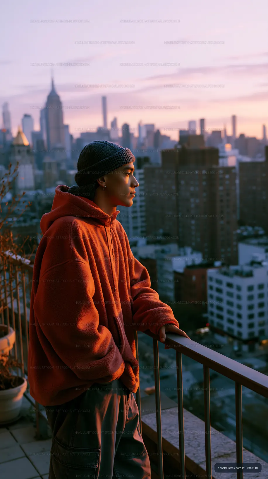 Warm sunset portrait overlooking an urban skyline