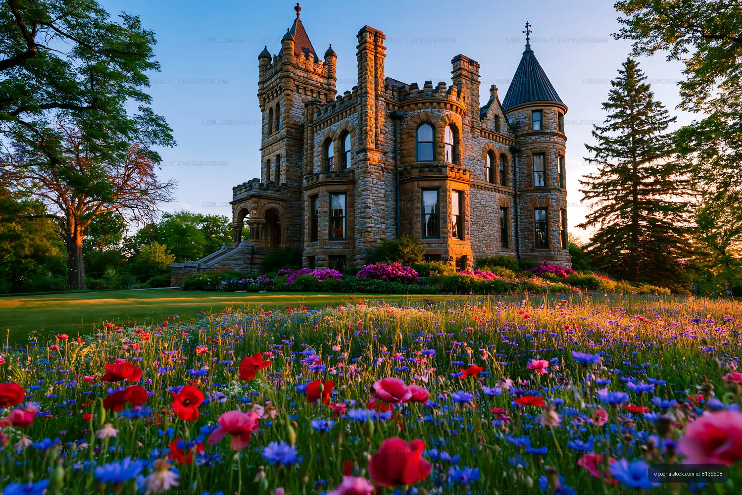 Fairytale-style stone castle in a blooming flower meadow