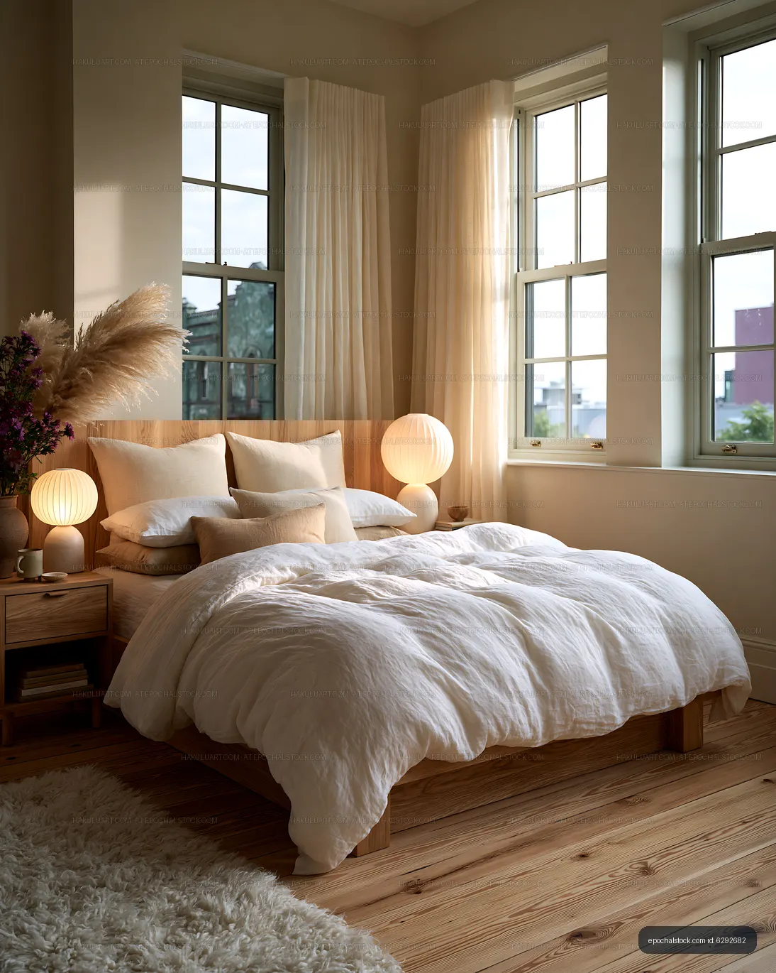 Bright modern bedroom with windows and white duvet