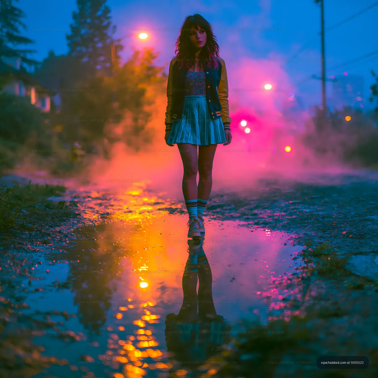 Fashionable woman walking through colorful street reflections