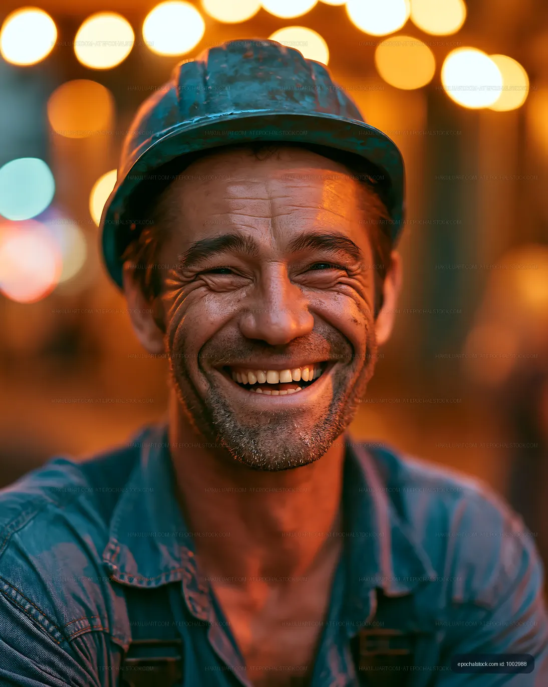 Smiling worker wearing hard hat with warm lights in background