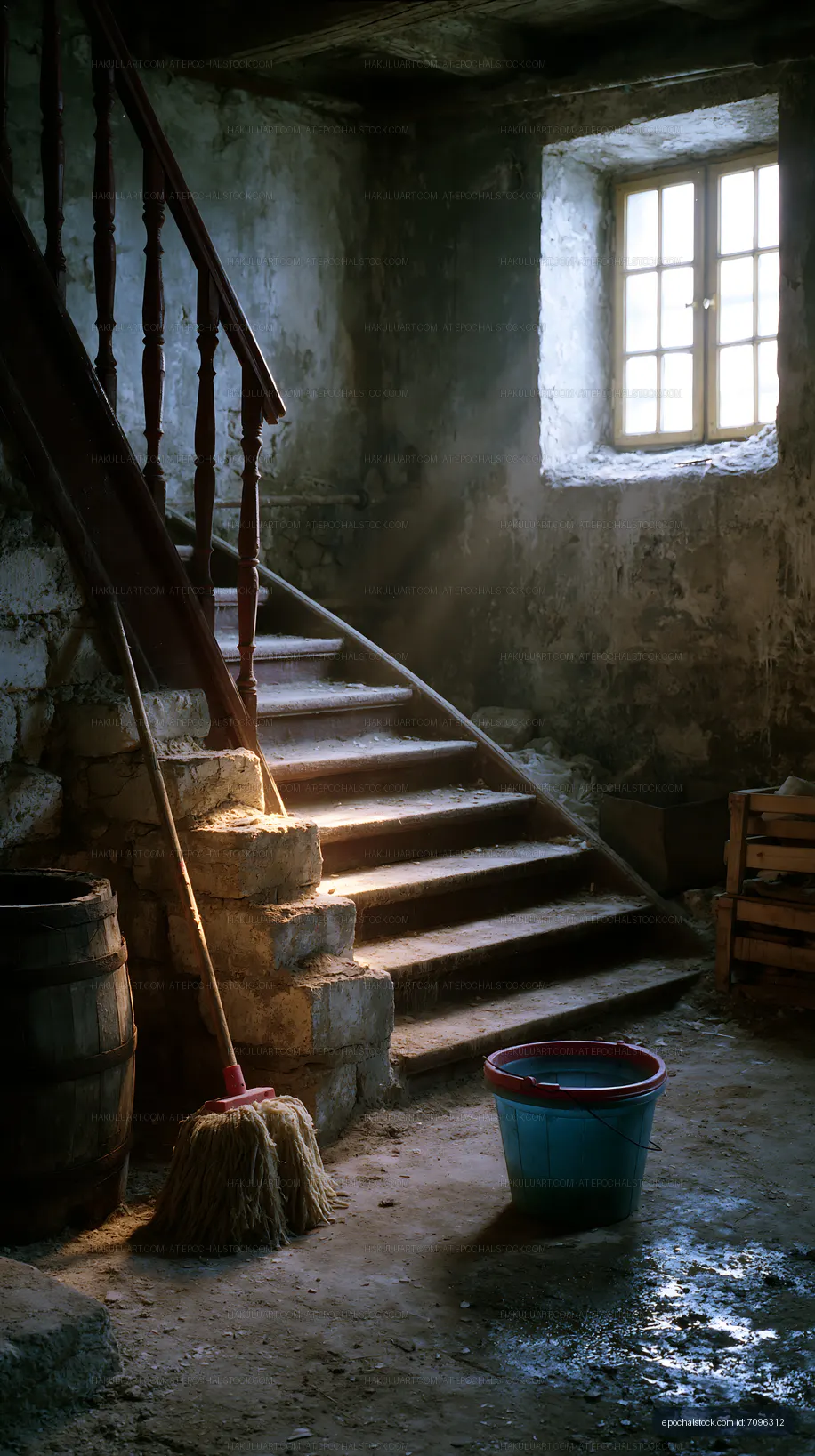 Sunlight Through a Window onto a Worn Staircase