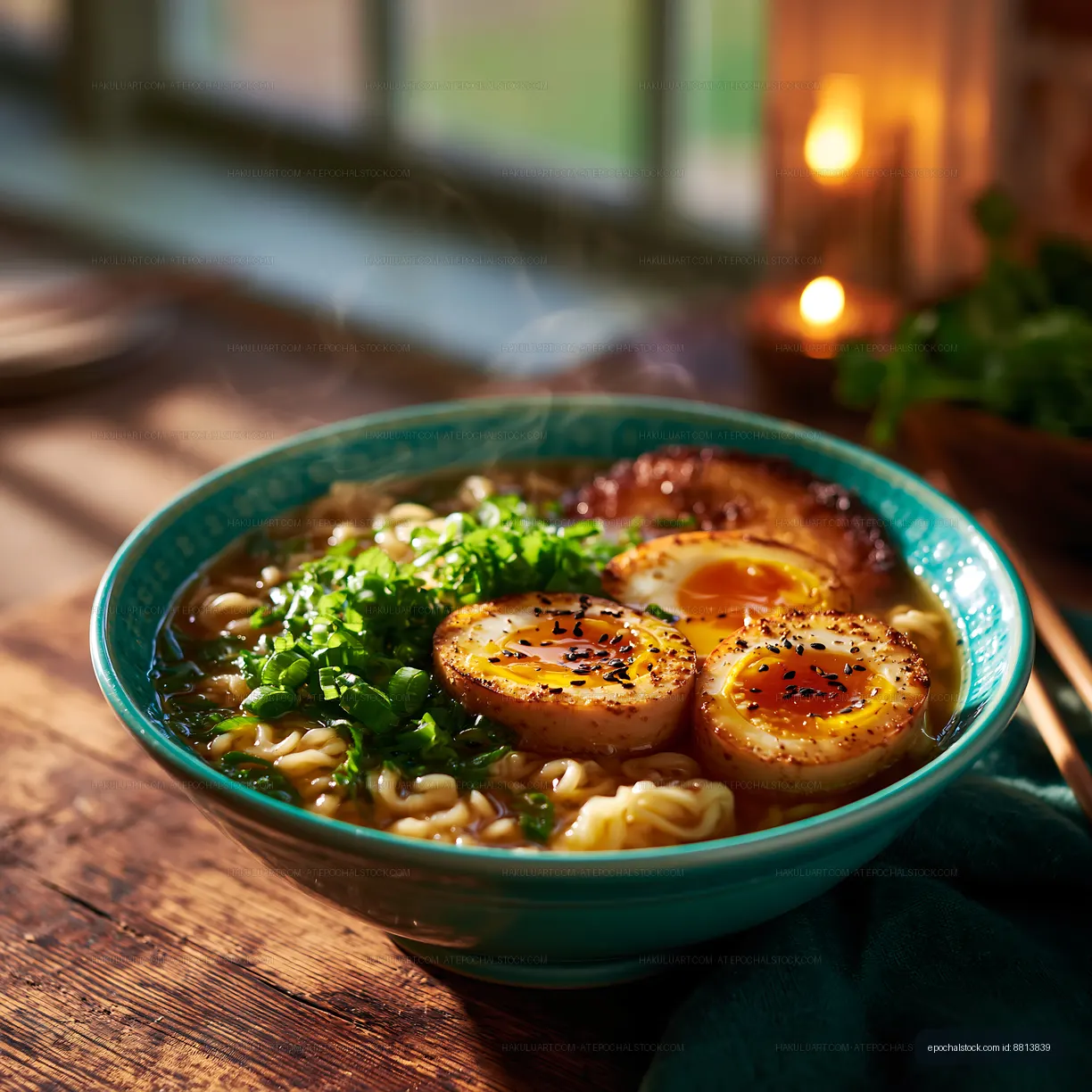 Close-up bowl of noodles topped with eggs and herbs