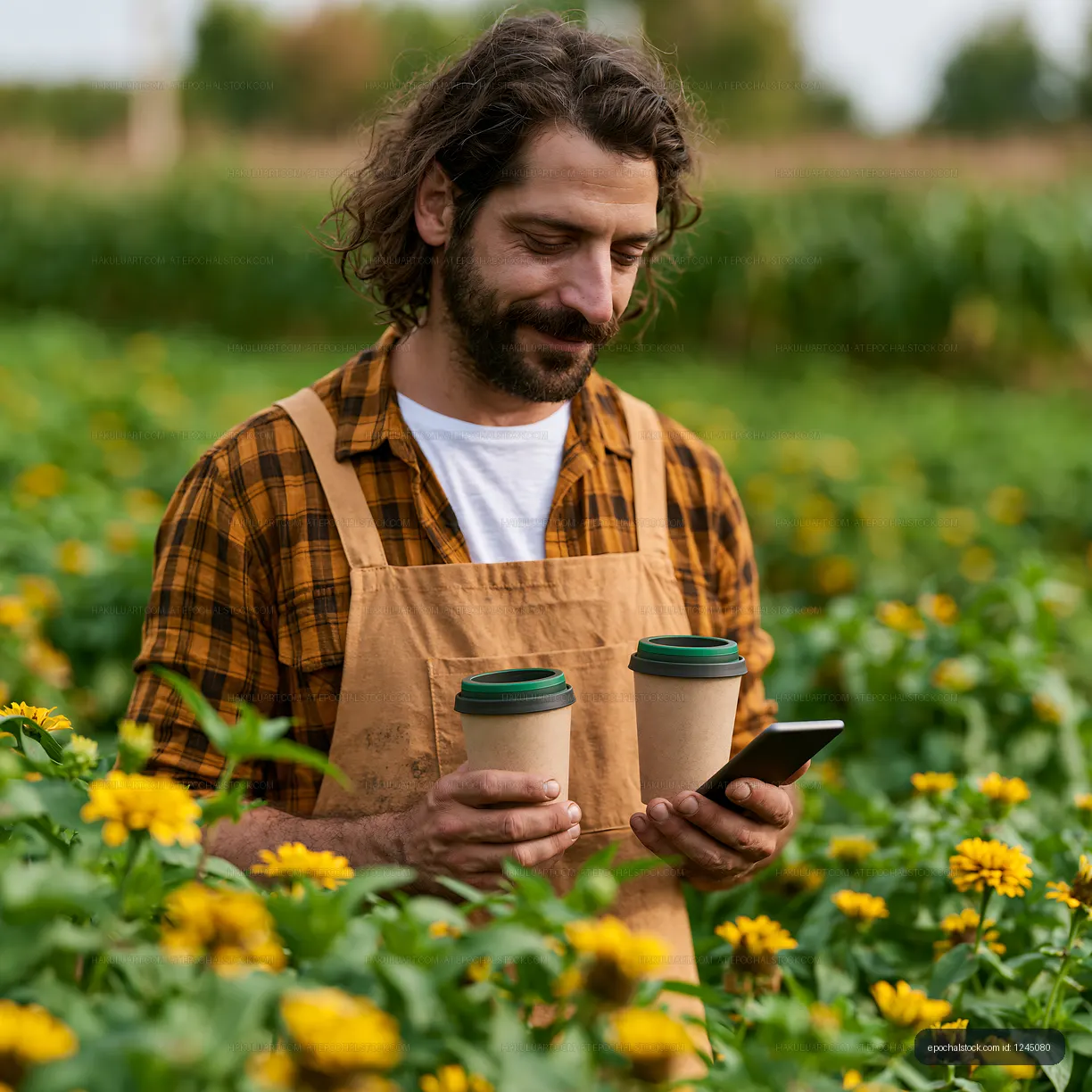 Gardener with takeaway coffee and smartphone among flowers