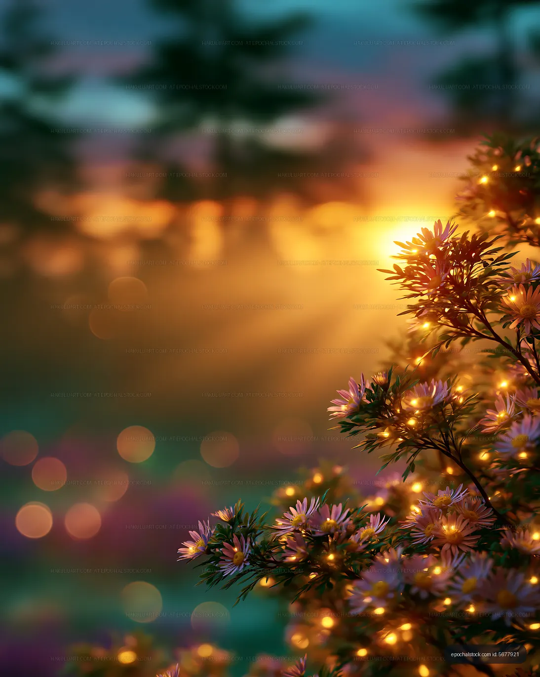 Daisy-like blossoms with glowing lights and sunset bokeh
