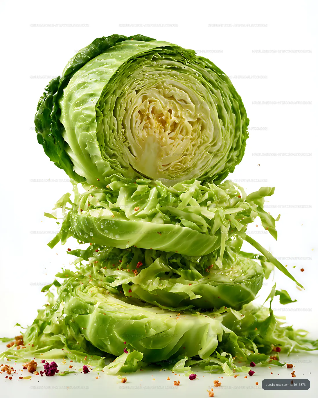Dramatic close-up of sliced green cabbage and loose leaves