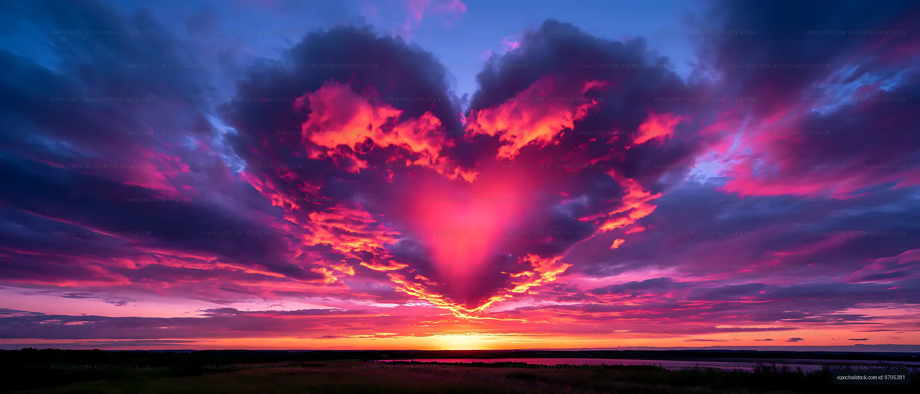 Panoramic sunset with vivid clouds and glowing horizon