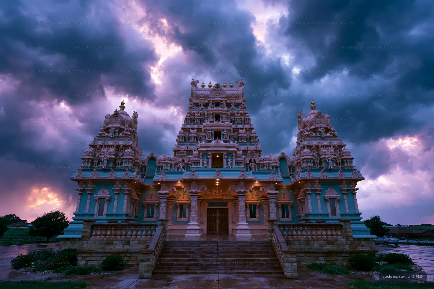 Ornate temple facade beneath storm clouds