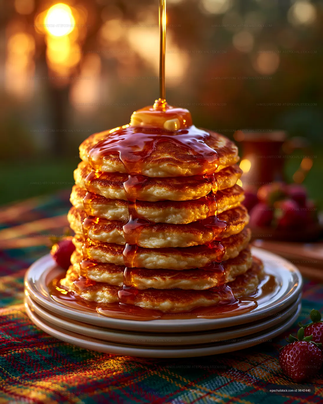 Pancakes topped with butter and cascading syrup