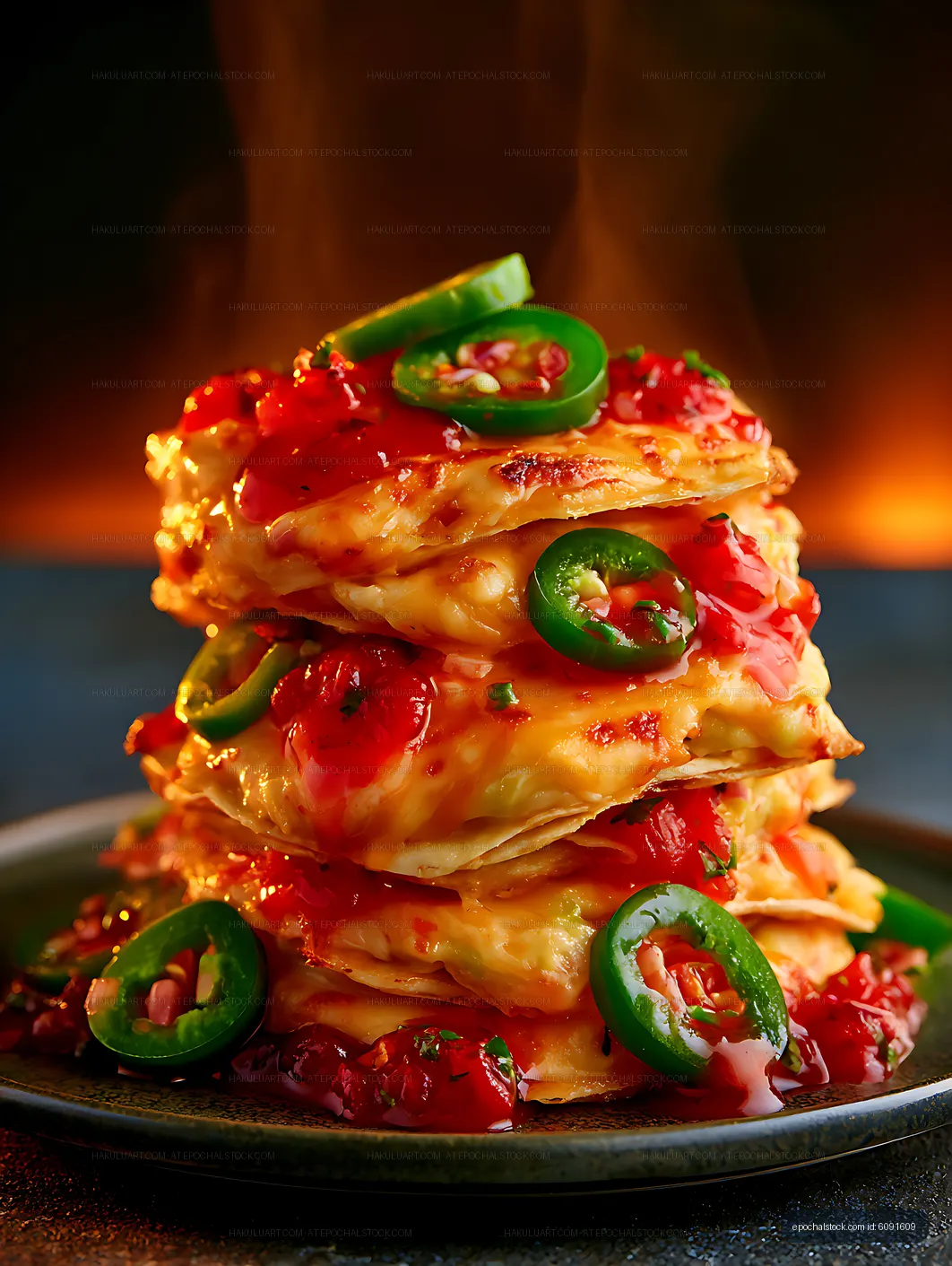 Colorful stacked quesadillas with melted cheese and peppers